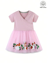 1pc Toddler Girls" Casual Animal Embroidery Patchwork V-Neck Short Sleeve Dress For Summer